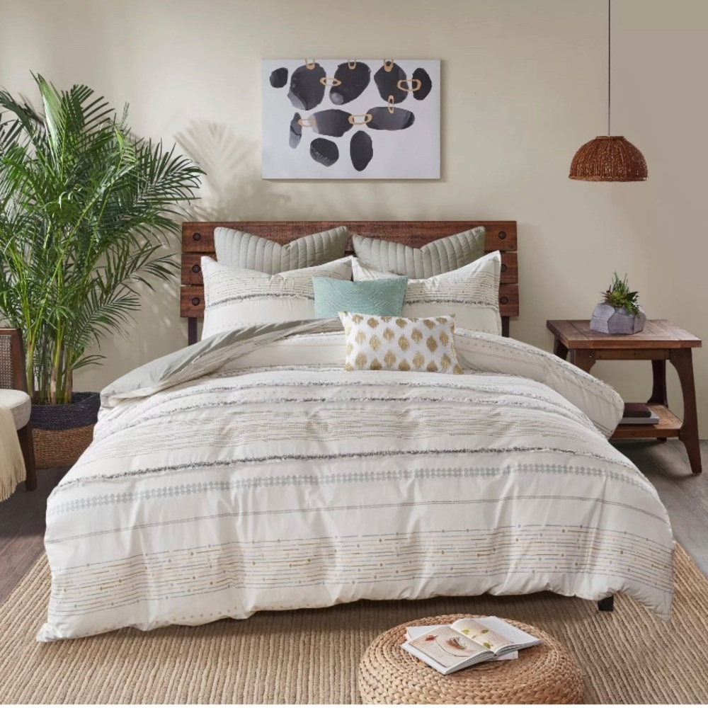 INK+IVY Nea Cotton Printed Duvet Cover Set with Trims